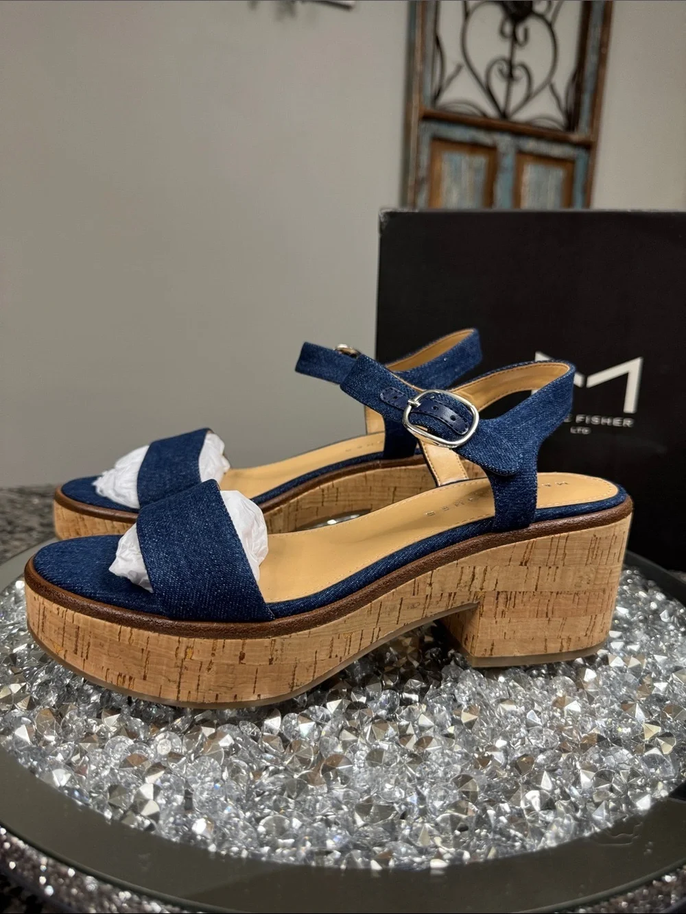 Marc Fisher Quessa Blue Denim Cork Platform Sandal NEW 9